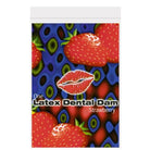 A Trust Flavored Latex Dental Dam card showcasing a strawberry and kiss design