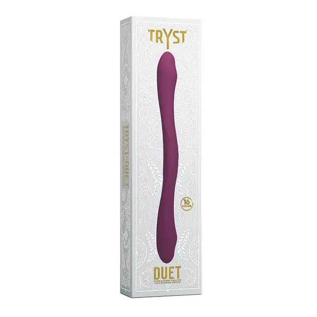 Image of purple Tryst Duet W/remote showing silicone detail and product features