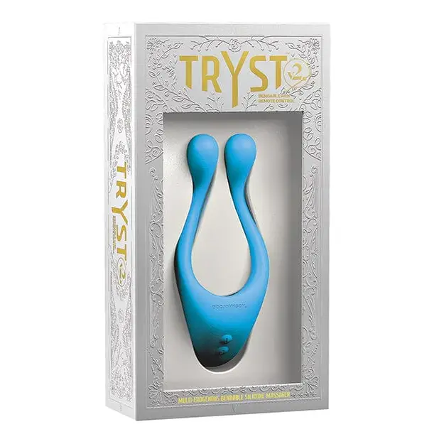 Tryst V2 Bendable Multi Zone Massager with remote showing blue silicone anal plug attachment