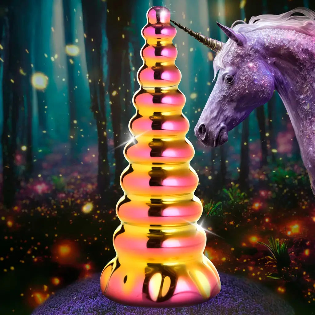 Twilight Rainbow Glass Dildo: Super Smooth, Colorful Cone with Metallic Sheen Resembling Unicorn Horn