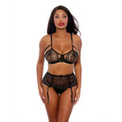 Two Tone Scalloped Lace Bra High Waist Garter Belt & G-string Black/silver - Medium - Lingerie Set