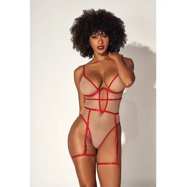 Underwire Bodysuit W/cut Out Heart Back Nude/red - Small/Medium - Bodysuit