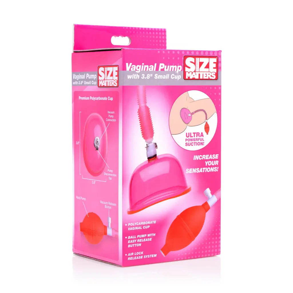 Bright pink vaginal pump device in packaging for ’Vaginal Pump With Cup’ product