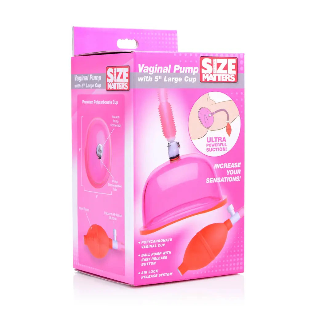 Vaginal pump device with pink cup and textured attachment in ’Vaginal Pump With Cup’ packaging