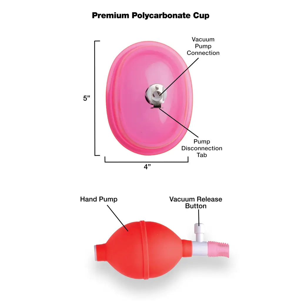 Alt text: ’Pink oval polycarbonate cup with vacuum pump for vaginal pump, dimensions labeled