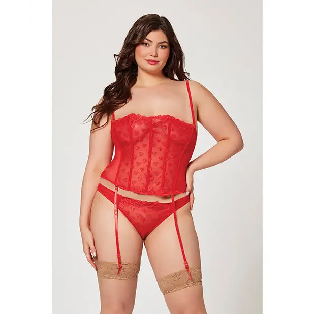 Valentines Heart Embroidered Mesh Bustier & Panty Red - 1x/2x - Lingerie Set