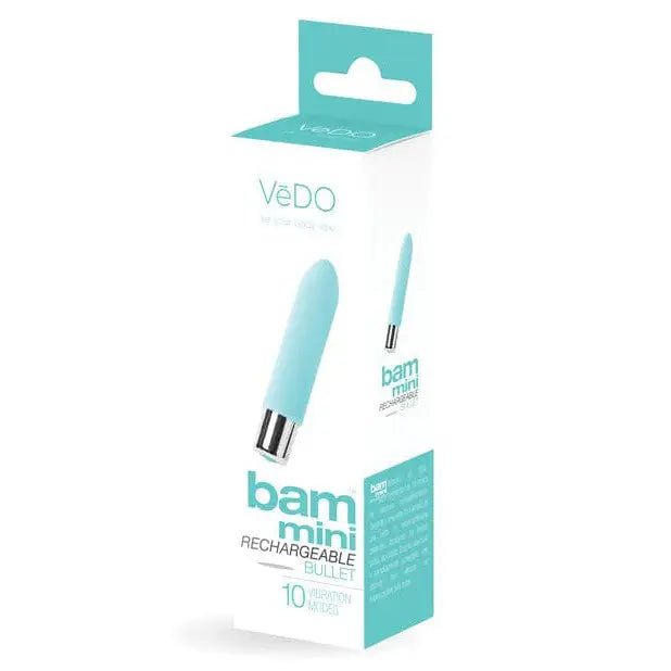 Teal and white Vedo Bam Mini Rechargeable Bullet Vibe product packaging