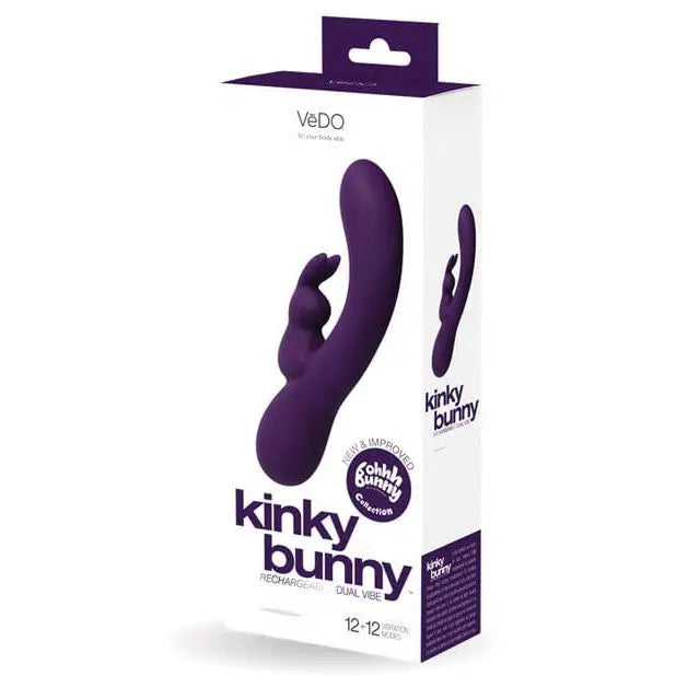 Vedo Kinky Bunny Plus Rechargeable Dual Vibe in retail packaging - Purple rabbit-shaped vibrator