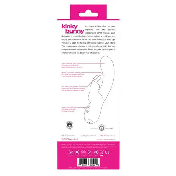 Curved white Vedo Kinky Bunny Plus rechargeable dual vibe with product packaging information