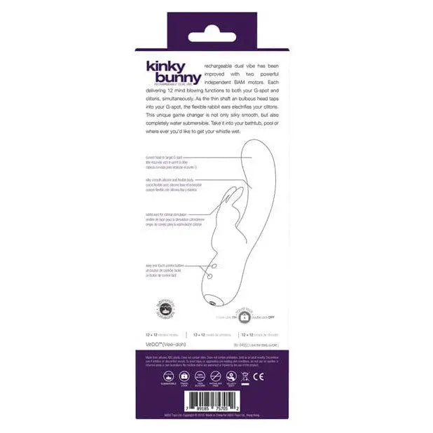 Packaging for Vedo Kinky Bunny Plus Rechargeable Dual Vibe intimate device with details