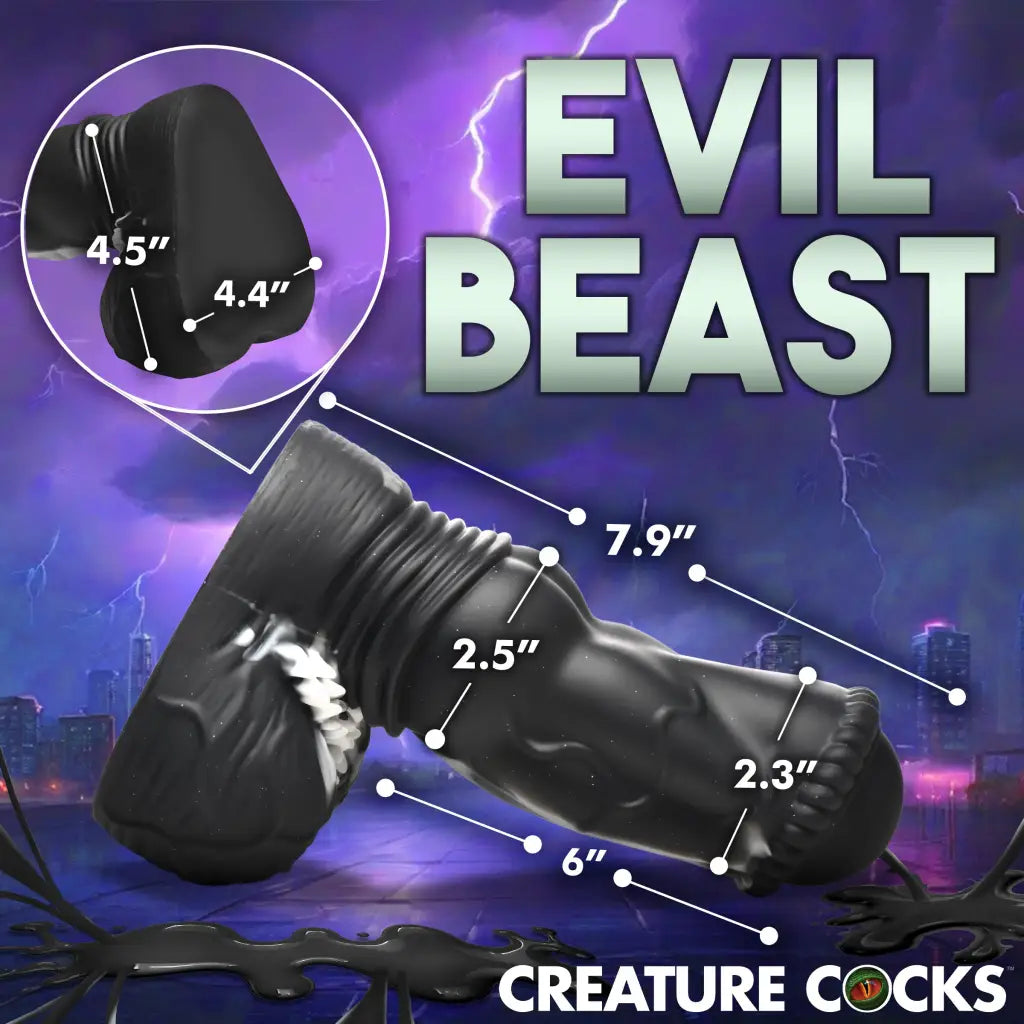 Creature Cocks Venom silicone dildo: black, anatomically-shaped with labeled dimensions