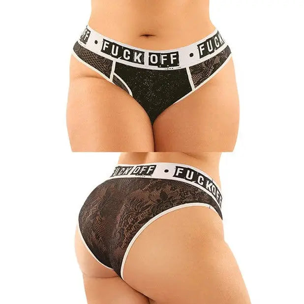 Vibes Buddy Fuck Off Lace Boy Brief & Thong Black Qn - Women’s Underwear with Text Waistband