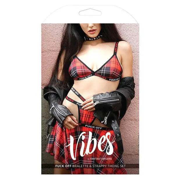 Vibes Fuck Off plaid lingerie set with bralette, thong, skirt, and black leather jacket