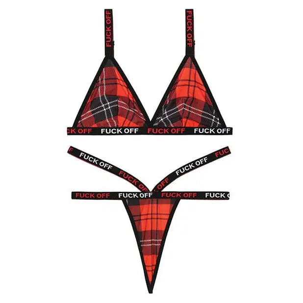 Red Plaid Bikini: ’Vibes Fuck Off’ Bralette and Thong with Black Trim and Explicit Text