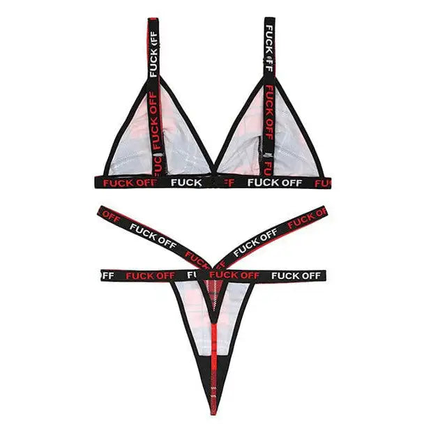 Vibes Fuck Off Bralette and Thong Plaid Set with Provocative Text on Straps and Bands