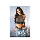 Vibes ’Icy Girl’ metallic fishnet halter top & panty set with ’Icy Girl’ branding