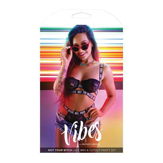 Lingerie product packaging featuring ’Vibes ’Not Your Bitch’ Lace Bra & Cutout Panty’ set