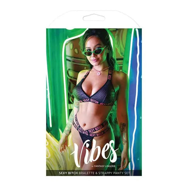 Vibes ’Sexy Bitch’ bralette and strappy panty set packaging featuring a model