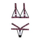 Vibes ’Sexy Bitch’ bralette & strappy panty set with black straps and pink text