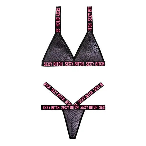 Black ’sexy bitch’ bralette with strappy panty, trim reads ’SEXY BITCH’, Vibes style