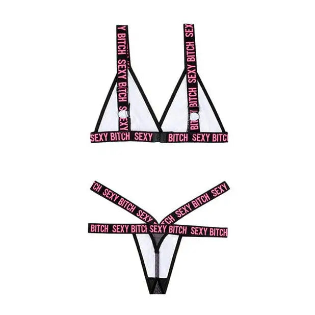 Vibes ’Sexy Bitch’ bralette with black straps and strappy panty featuring pink text