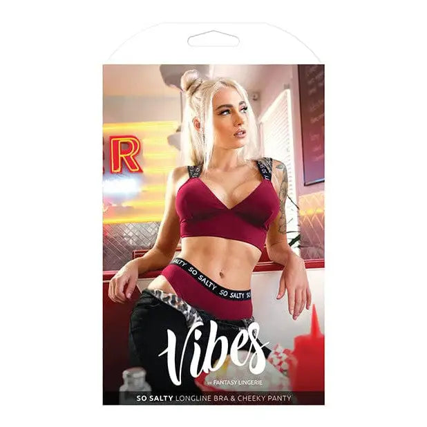 Lingerie packaging: woman in Vibes ’So Salty’ long line bra & cheeky panty