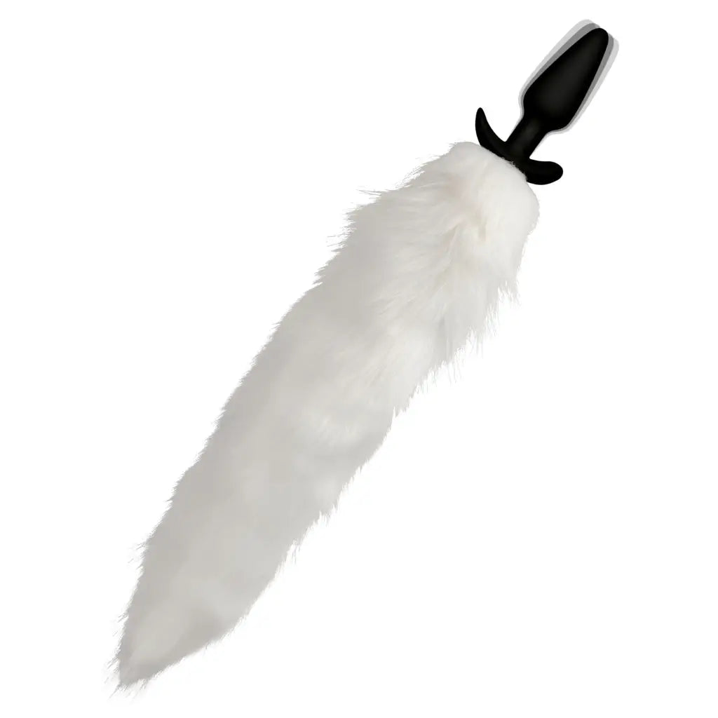 Vibrating Remote Control White Fox Tail Slender Anal Plug with Fluffy Tail and Black Handle