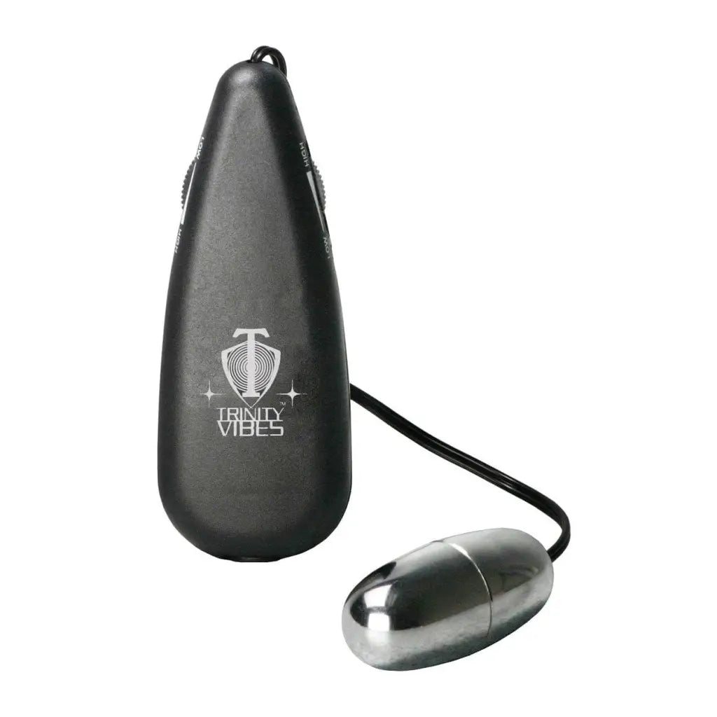 Black teardrop vibrator with ’Trinity Vibes’ logo & silver controller - Vibrating Silver