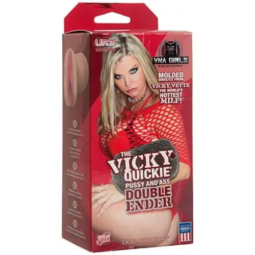 Adult novelty product packaging for Vicky Vette’s Vicky Quickie Double Ender