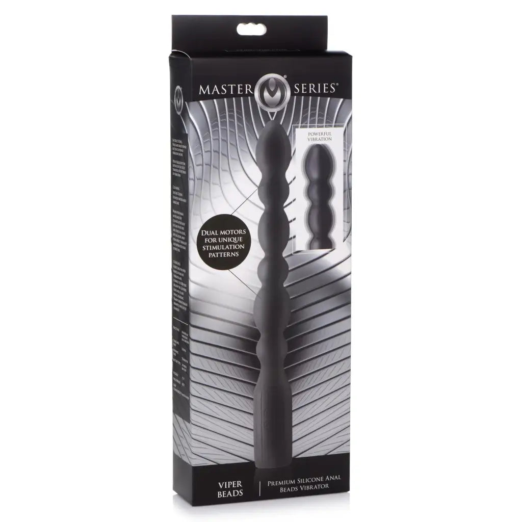 Viper Anal Beads: Elongated black silicone vibrator with beaded texture in retail packaging