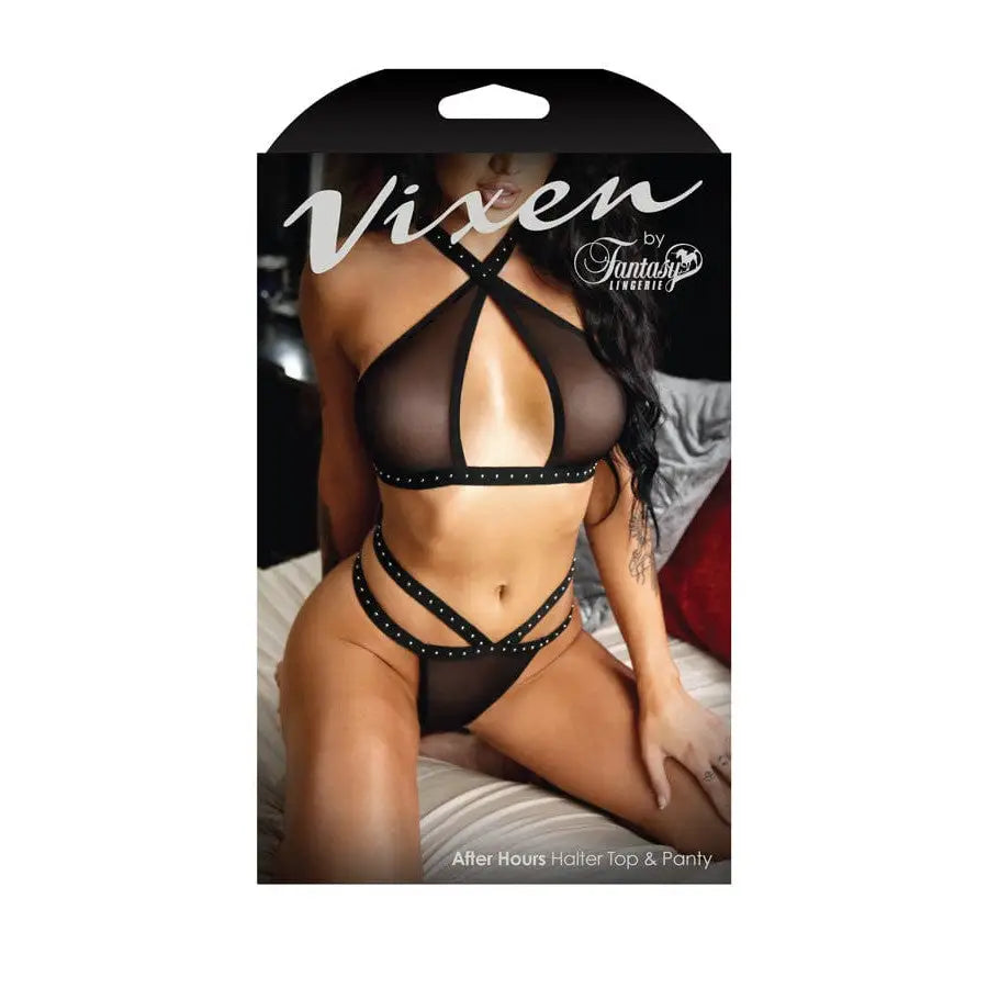 Vixen ’After Hours’ Studded Halter Top & Panty Set - Revealing black lingerie by Fantasy