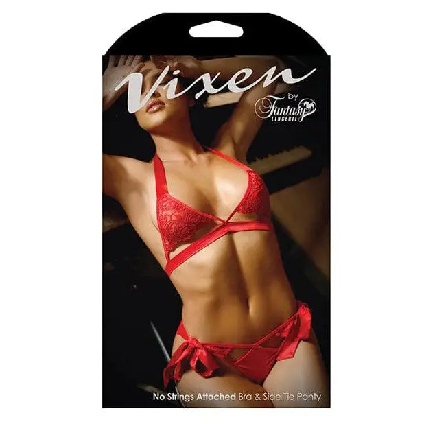 Packaging for Vixen Cutout Lace Bra & Side Tie Panty by Fantasy Lingerie, labeled ’Vixen’