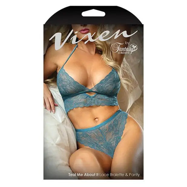 Vixen Teal Me About It scalloped lace bralette with matching panty set in teal lace