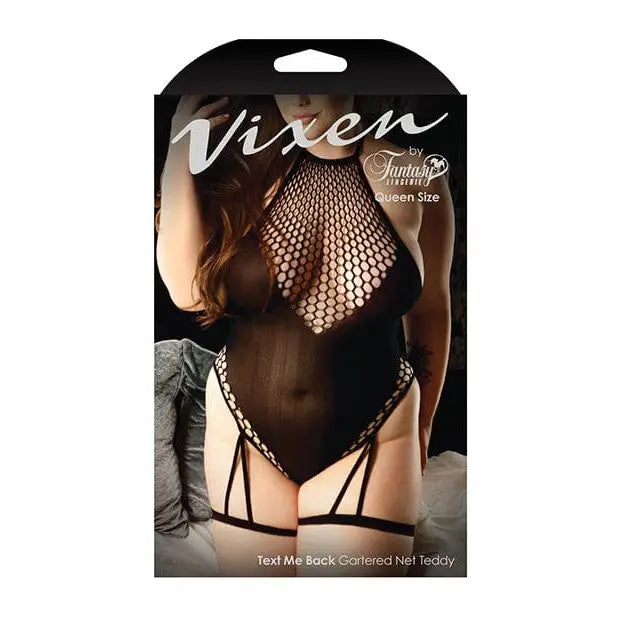 Fantasy Lingerie Teddy Vixen Text Me Back Halter Tie Teddy W/attached Leg Garters Black Qn at the Haus of Shag