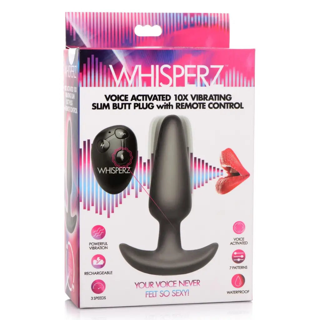 Whisperz Powered Plug Voice Activated 10x Silicone Vibrating Slim Butt Plug With Remote Control at the Haus of Shag