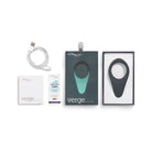 Close-up of the We-vibe Verge Vibrating Cock Ring with phone and charger, rumbly vibrations