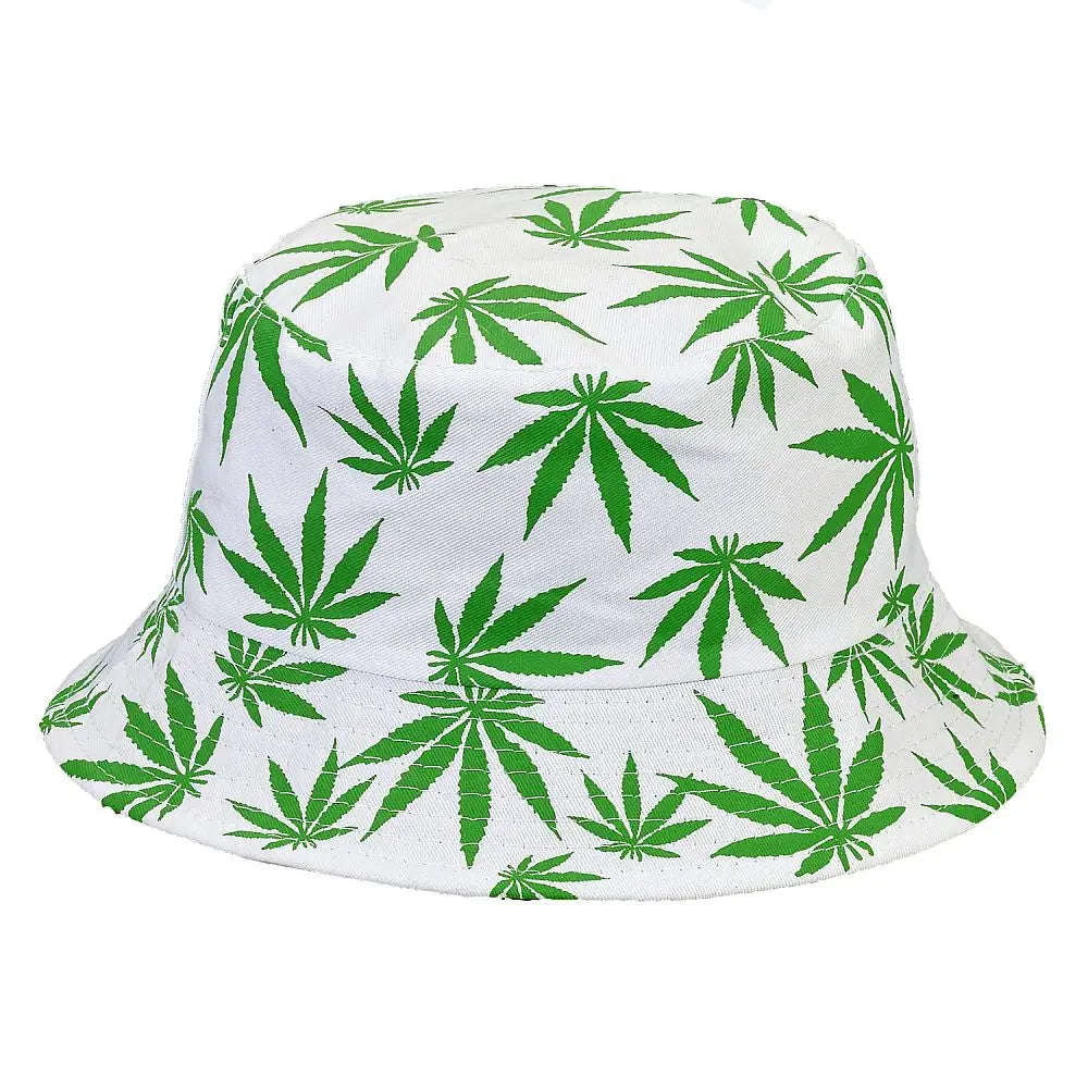 White bucket hat with green leaves pattern displaying cannabis leaf design