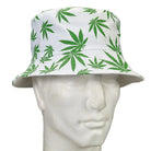 White bucket hat featuring green marijuana leaves for trendy, stylish fashion