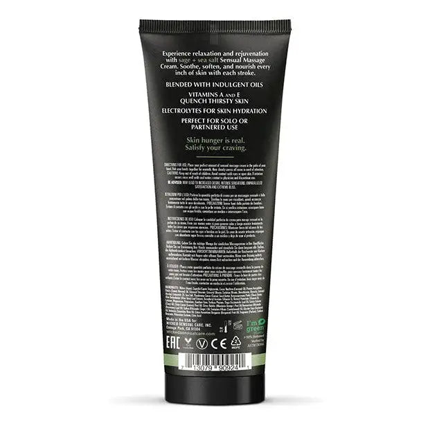 Black tube of Wicked Sensual Care Sage & Sea Salt Massage Cream with text detailing benefits