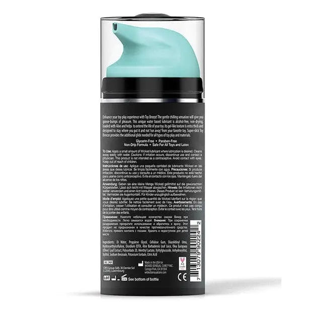 Wicked Sensual Care Toy Breeze Water Based Lubricant with mint green top and dark gray label