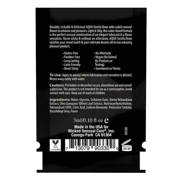 Label for Wicked Sensual Care Water Based Lubricant, featuring Wicked Aqua Vanilla flavor