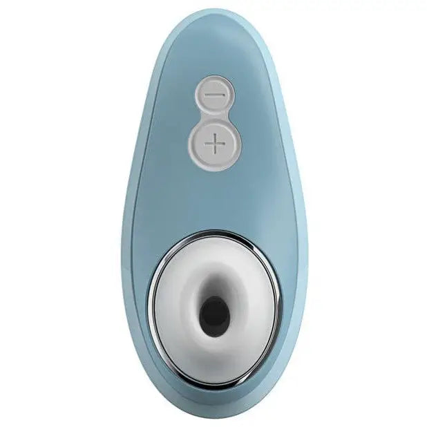 Close-up of Womanizer Liberty Air with blue door handle and white knob for intensity levels