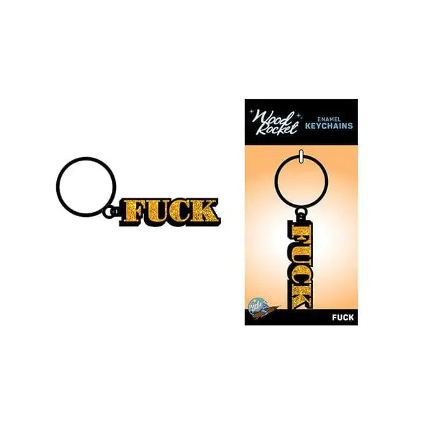 Wood Rocket Fuck Keychain - Gold featuring bold yellow letters spelling ’FUCK’