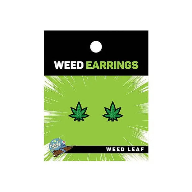 Wood Rocket Herb Earrings Green - Pair of marijuana leaf-shaped earrings on packaging card