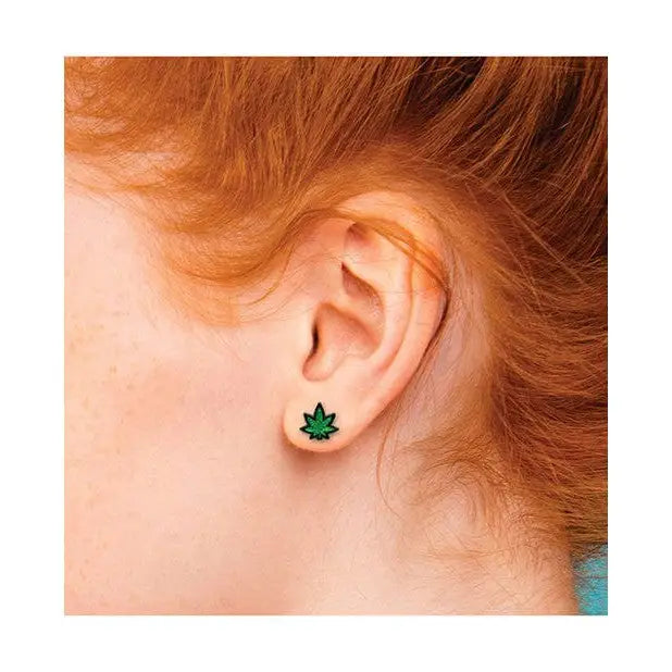 Wood Rocket Herb Earrings green cannabis leaf shape - stylish and unique accessory