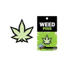 Wood Rocket glow-in-the-dark pot leaf pin, stylized marijuana leaf icon design