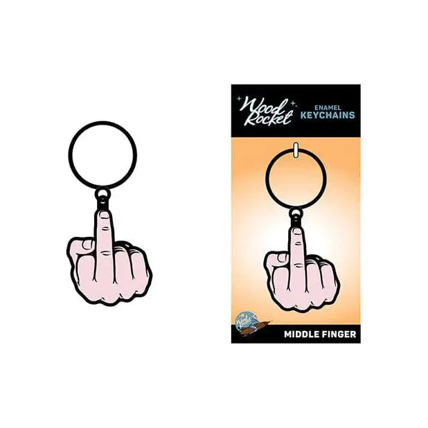 Wood Rocket Middle Finger Keychain featuring a cartoon hand making a rude gesture