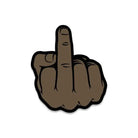 Cartoon illustration of a brown hand giving middle finger on Wood Rocket Middle Finger Pin