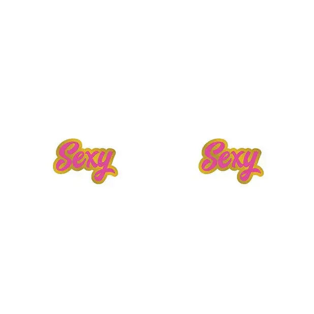 Two pink and yellow ’Sexy’ text logos on Wood Rocket Porn Sexy Earrings