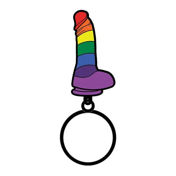 Wood Rocket Pride Dildo Keychain – Rainbow-colored phallic-shaped keychain with ring attachment